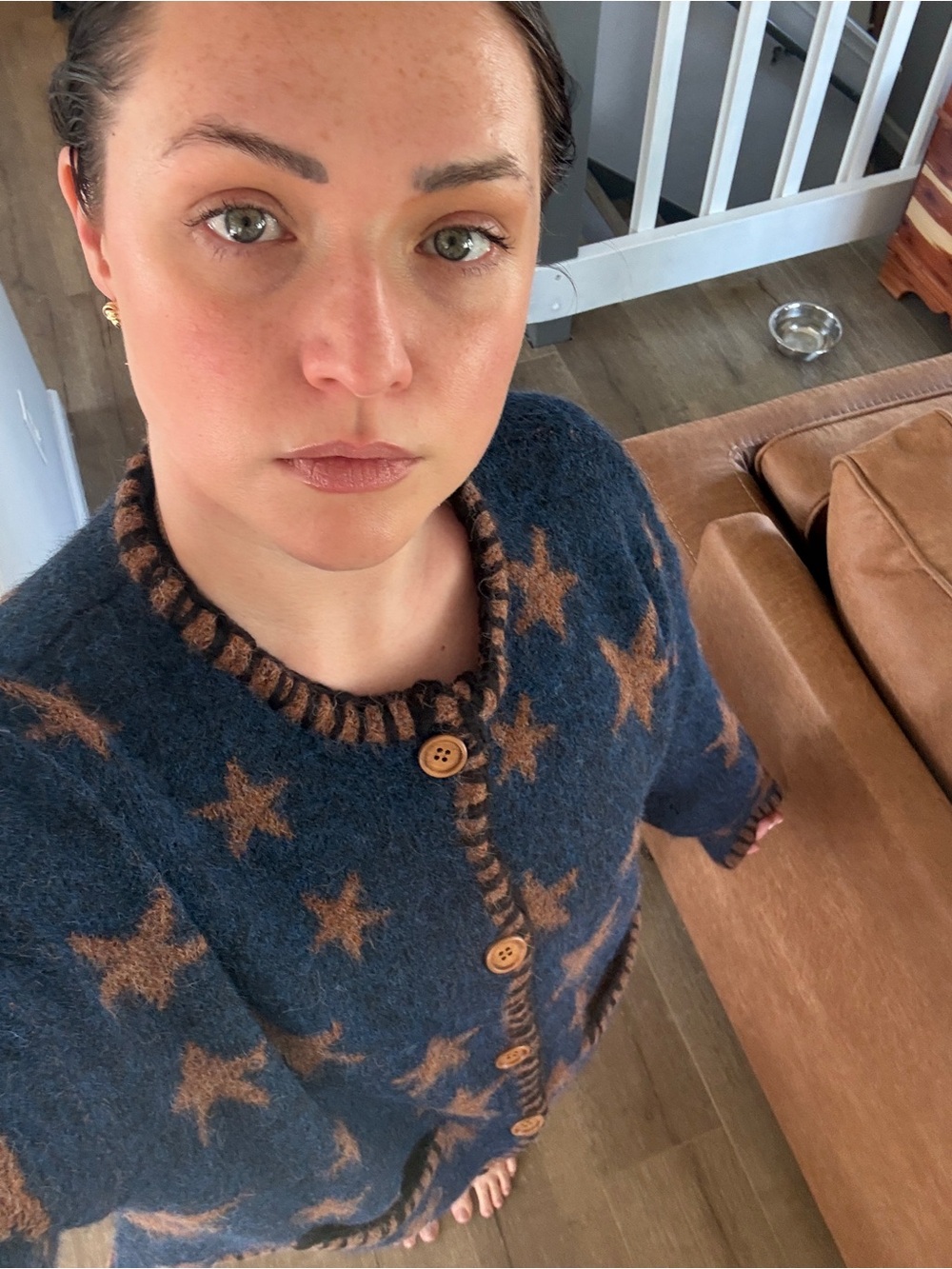 Navy Star Button-Up Cardigan with Brown Trim